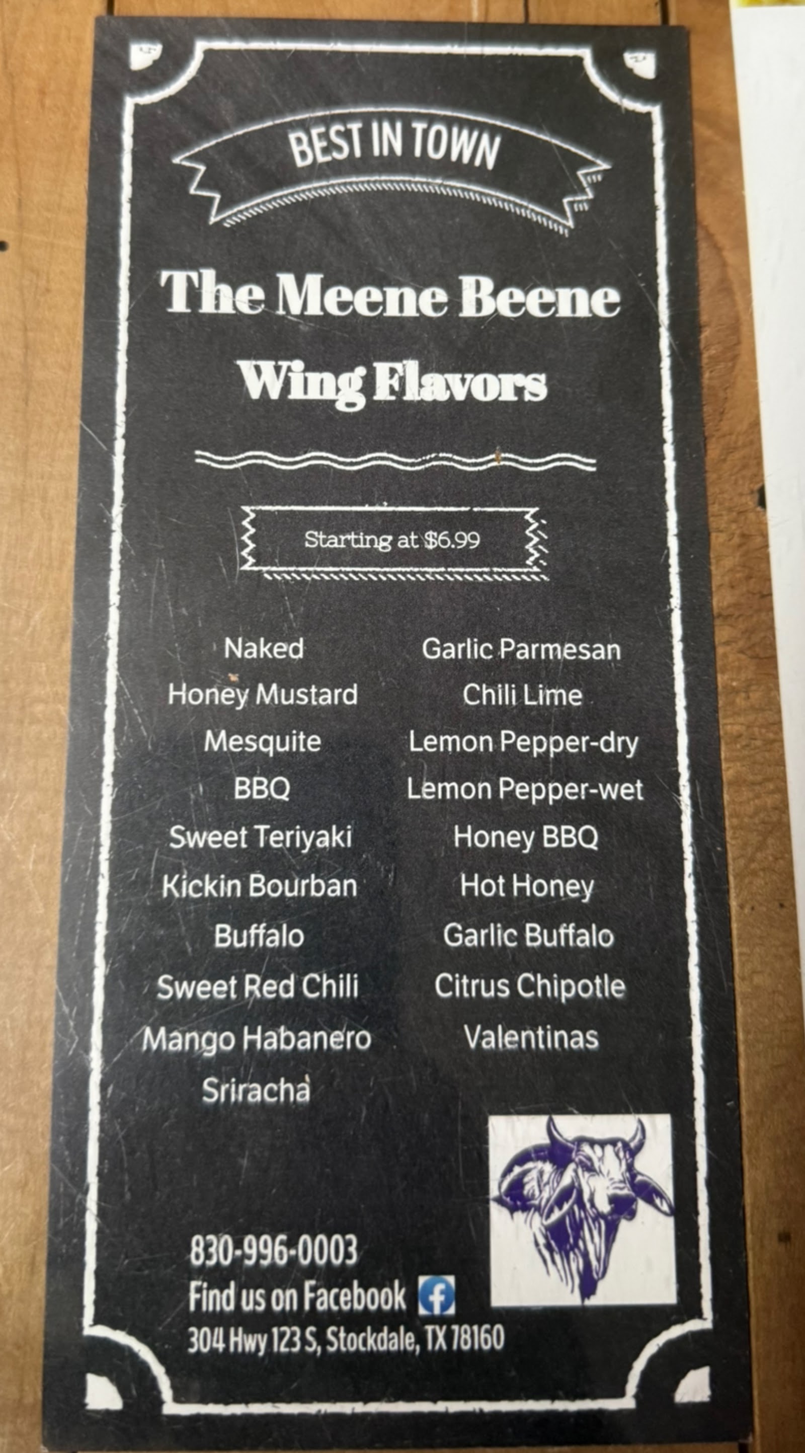 Board listing The Meene Beene's wing flavors